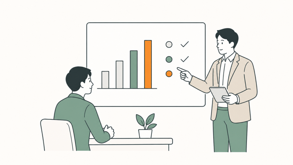 商談状況を可視化し適切な指示を出すマネージャーのイラスト